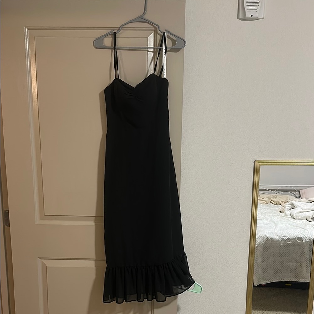 Azazie Black Sheath Midi Dress with Spaghetti Straps